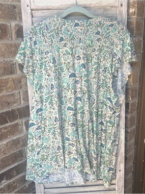 TORRID Sz 4 Women's Green Aqua Floral Cotton Modal Jersey Smocked Mock Neck Top.